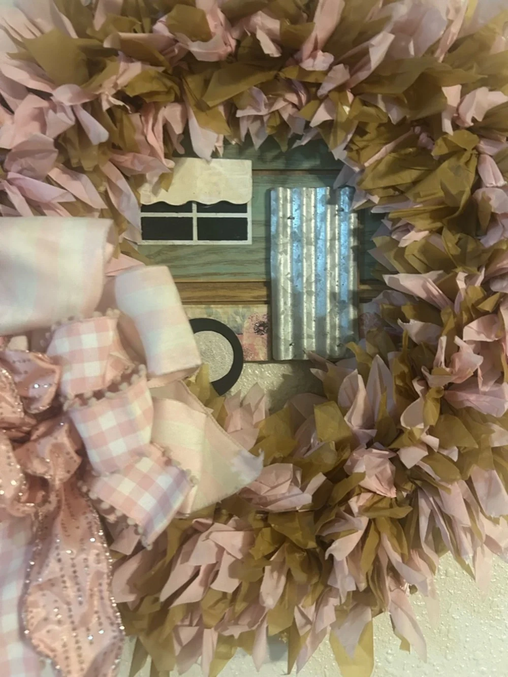 Handmade Pink and Tan Holiday Wreath with Ribbon Bow w/Camper sign